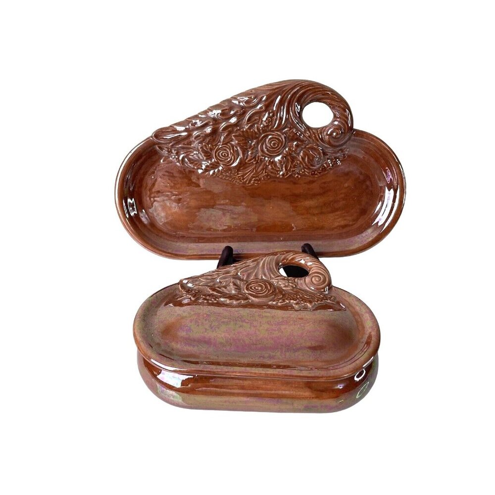 Vintage Byron Molds 1977 Pumpkin Ceramic Trinket Box & Tray, Signed Hand Painted